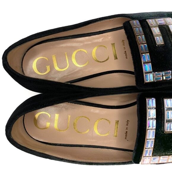 Gucci Softy Velvet Crystal G Flats EU 38 US 8 Black Moccasin GG Embellished - Picture 4 of 10